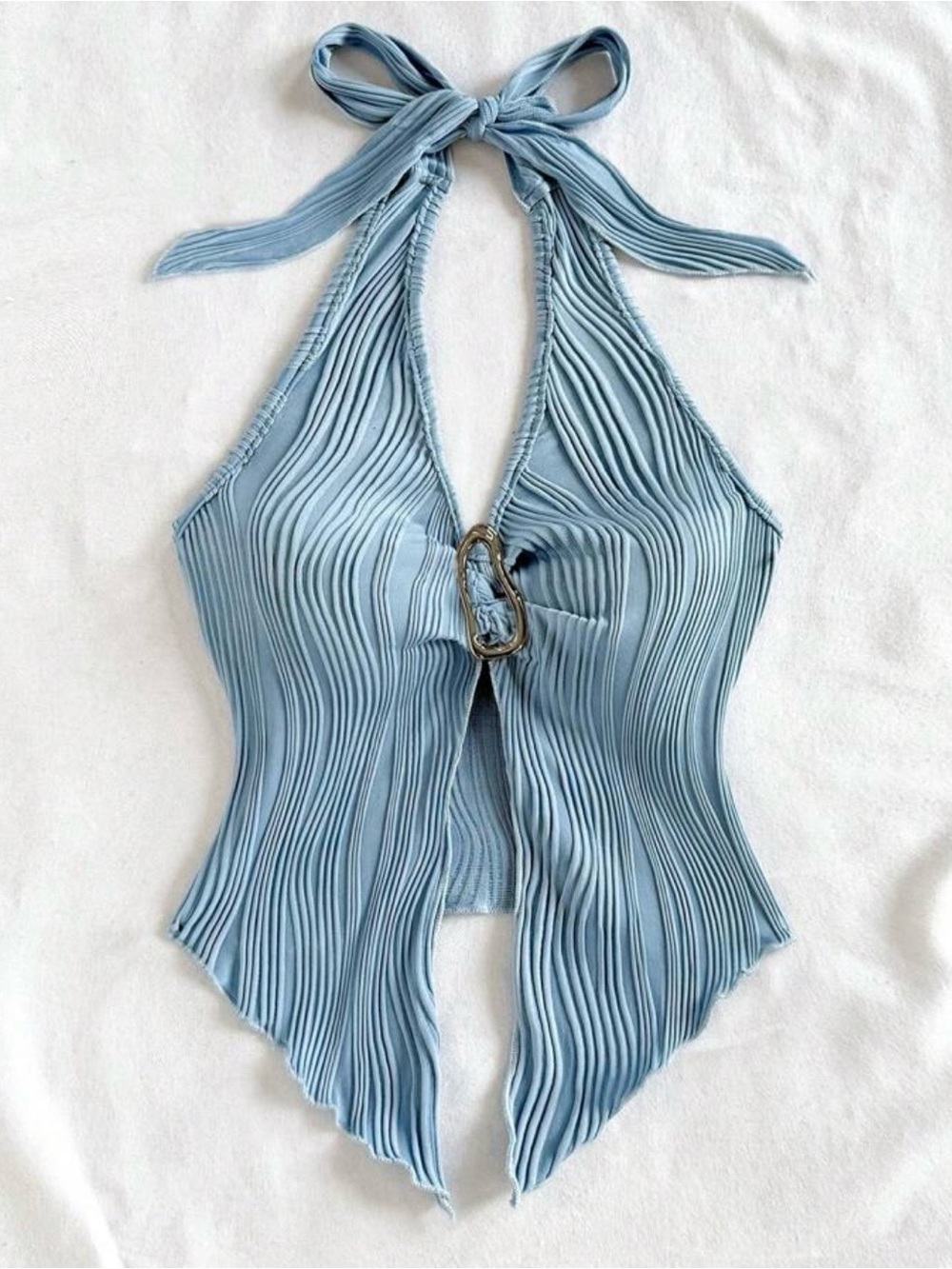 Light Blue Pleated Halter Top with Front Ring Detail